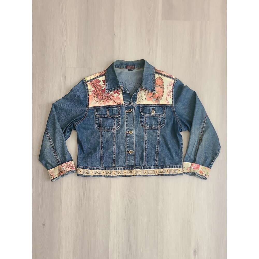 Milana Blue Denim Jacket Paisley Floral XL Boho Cropped Lace Women's Cuffs